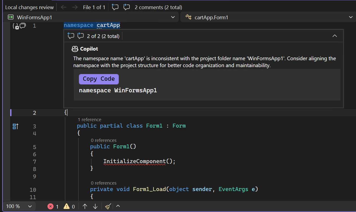 GitHub コード レビュー コメントを示すスクリーンショット。